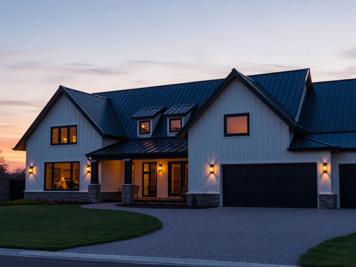 Modern farmhouse with dark metal roof